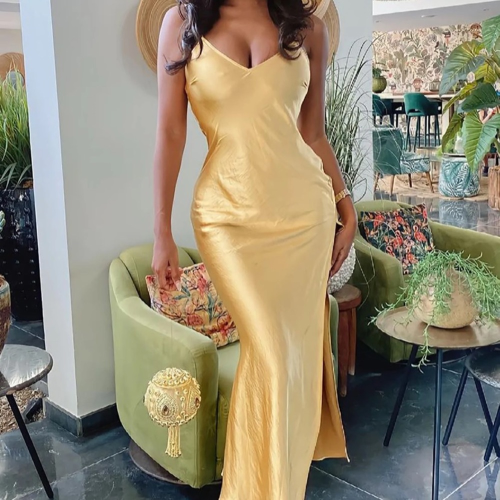 Gold Satin/Silk long dress with high slit
